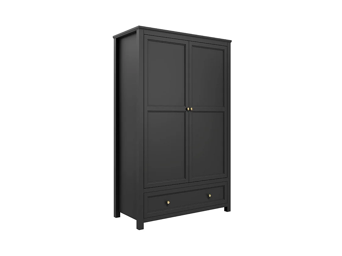 Tulle Panelled 2 Door Wood Wardrobe with 1 Drawer Black Brass Tone Handles