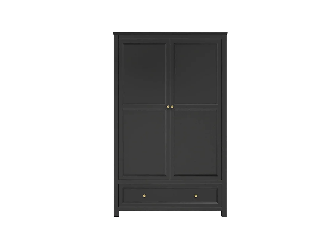 Tulle Panelled 2 Door Wood Wardrobe with 1 Drawer Black Brass Tone Handles