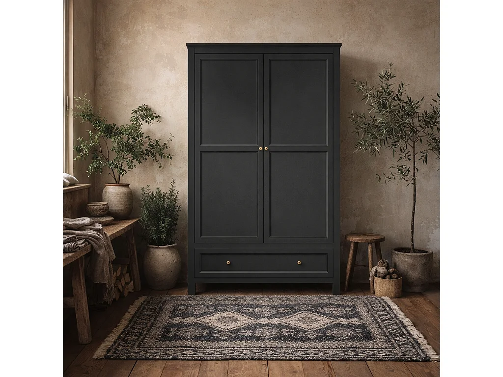 Tulle Panelled 2 Door Wood Wardrobe with 1 Drawer Black Brass Tone Handles