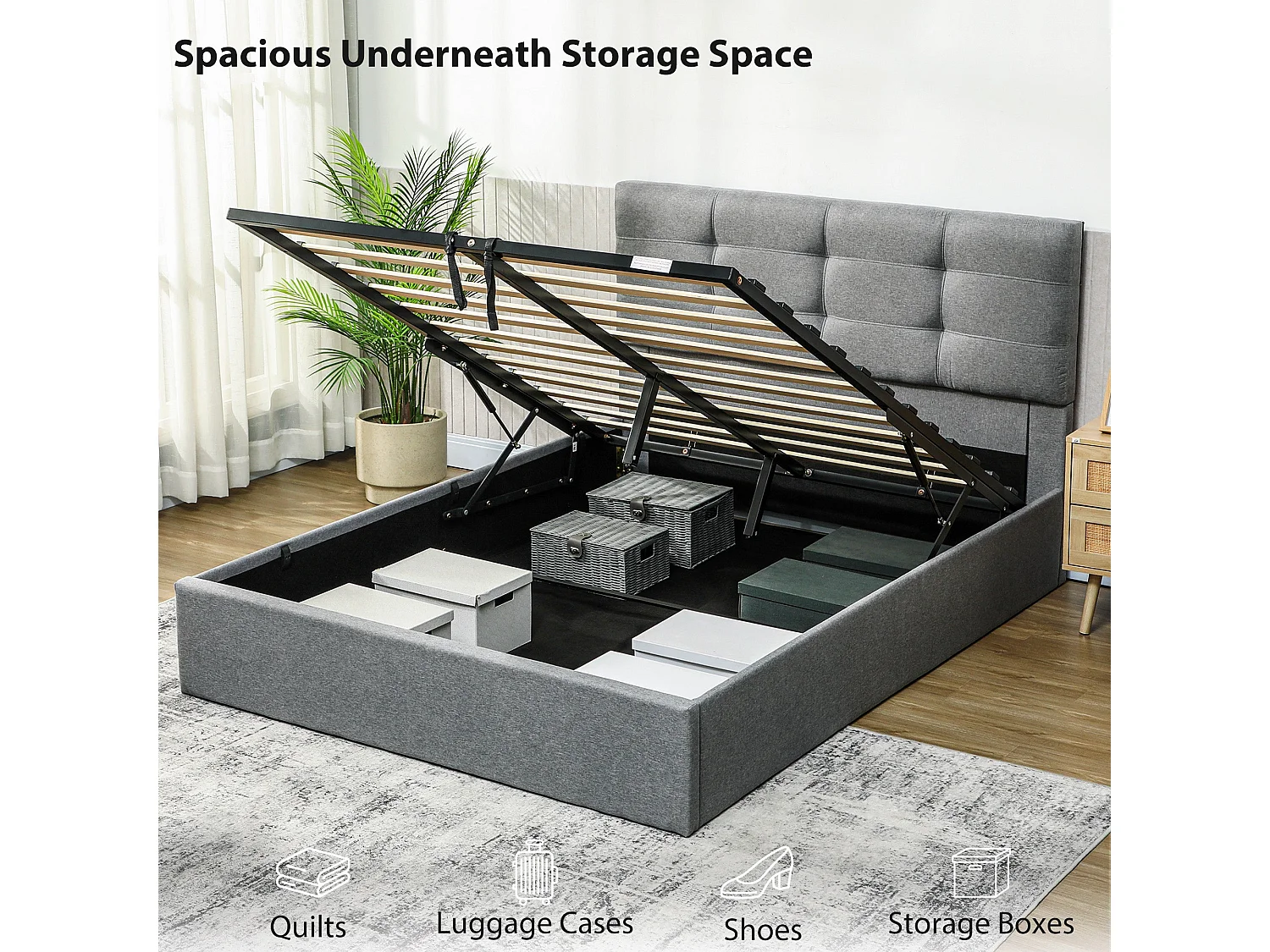 Vivafa 5ft King Ottoman Storage Bed Grey Linen Look Gas Lift