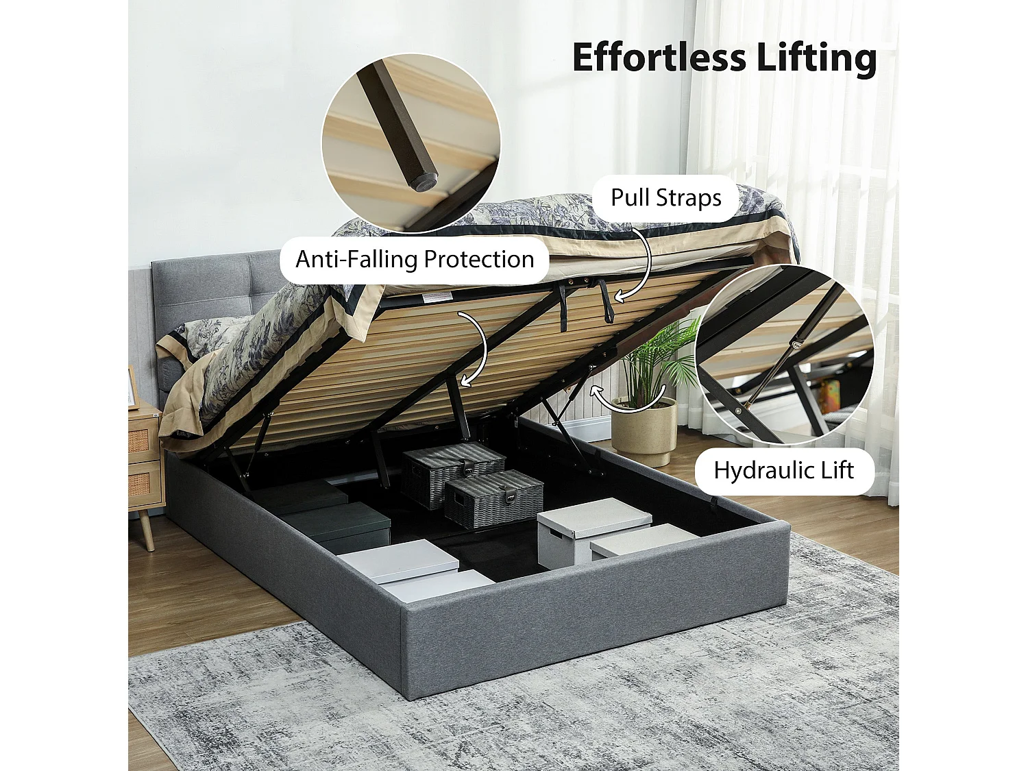Vivafa 5ft King Ottoman Storage Bed Grey Linen Look Gas Lift