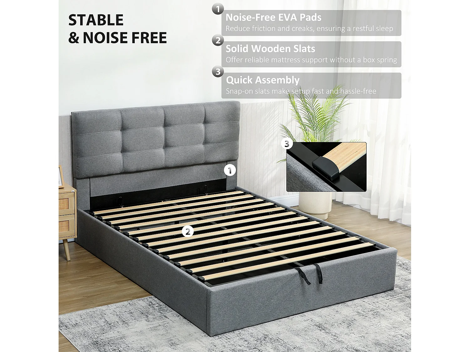 Vivafa 5ft King Ottoman Storage Bed Grey Linen Look Gas Lift