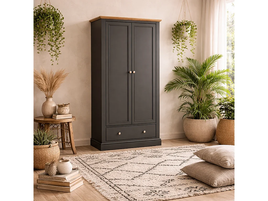 Ardee Dark Grey and Natural Oak 2 Door Wardrobe with Drawer