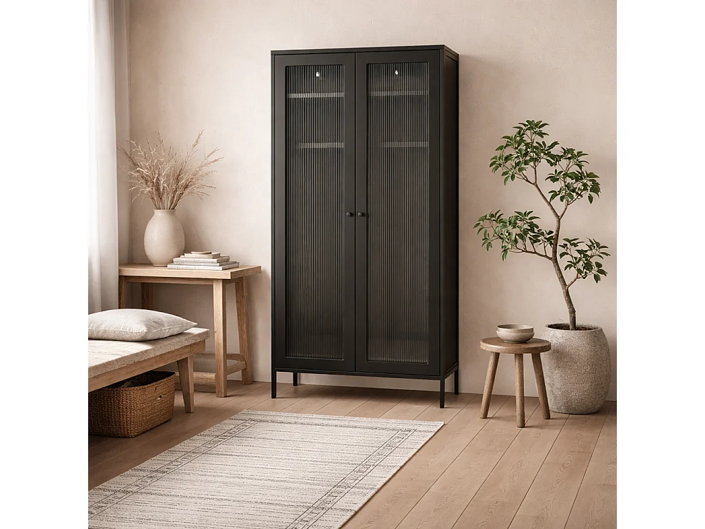 Sattek Black Metal 2 Door Wardrobe with Reeded Glass