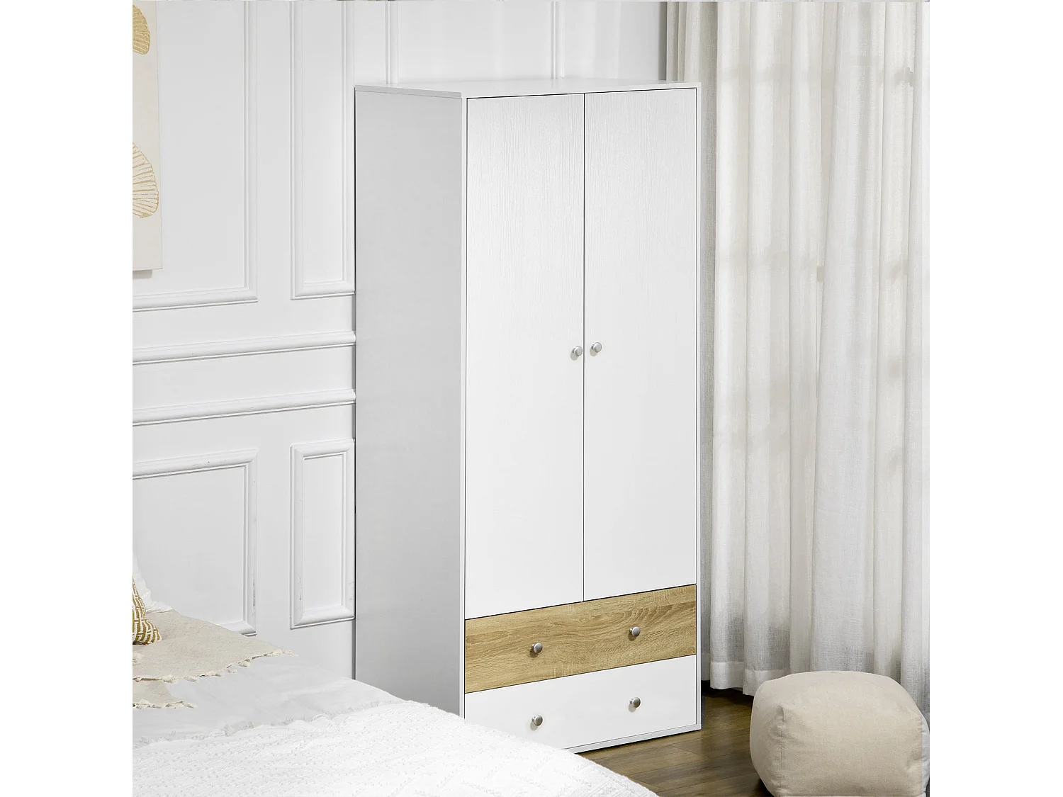 Coralia White and Oak 2 Door Wardrobe with Hanging Rail and 2 Drawers