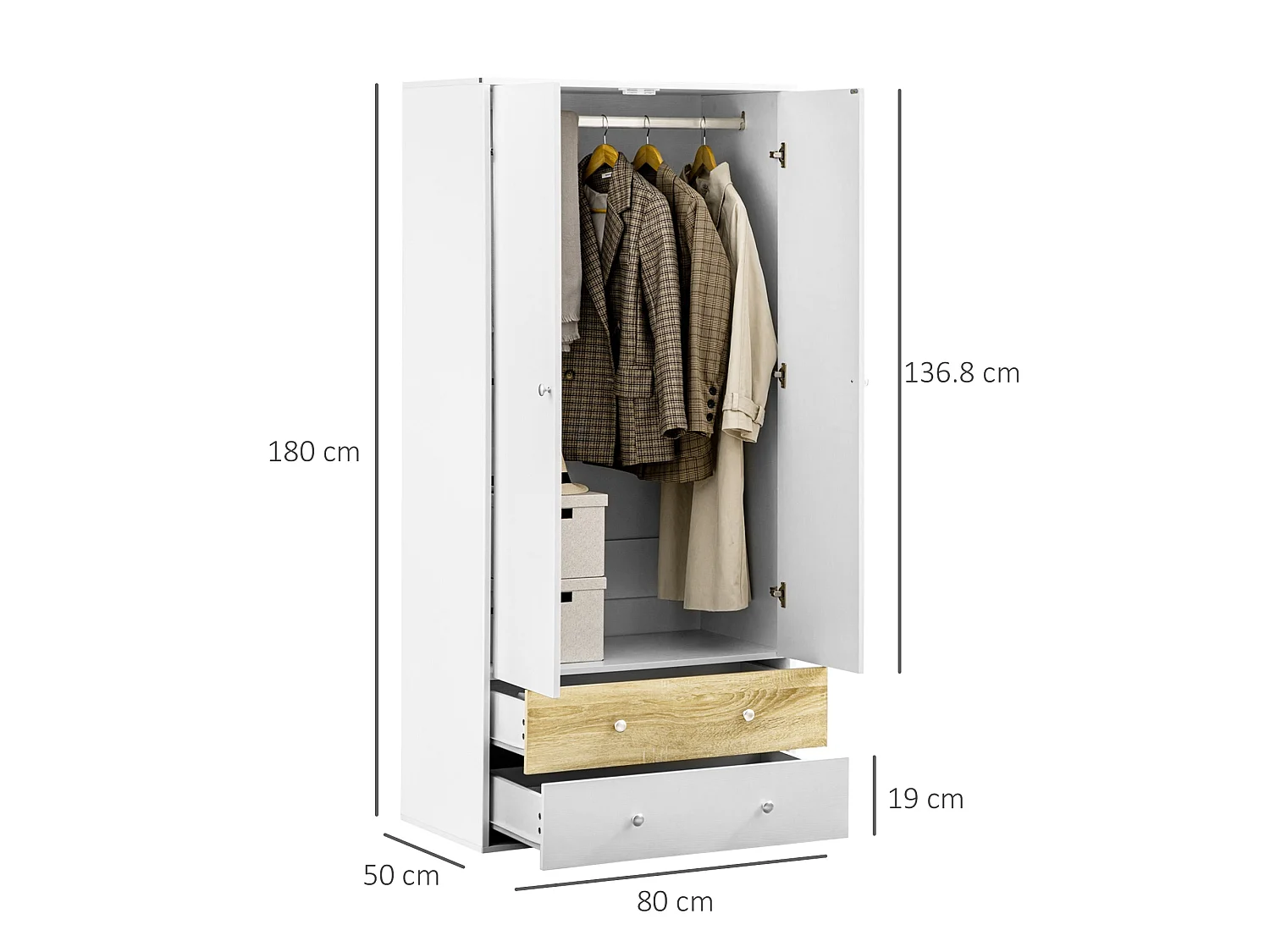 Coralia White and Oak 2 Door Wardrobe with Hanging Rail and 2 Drawers