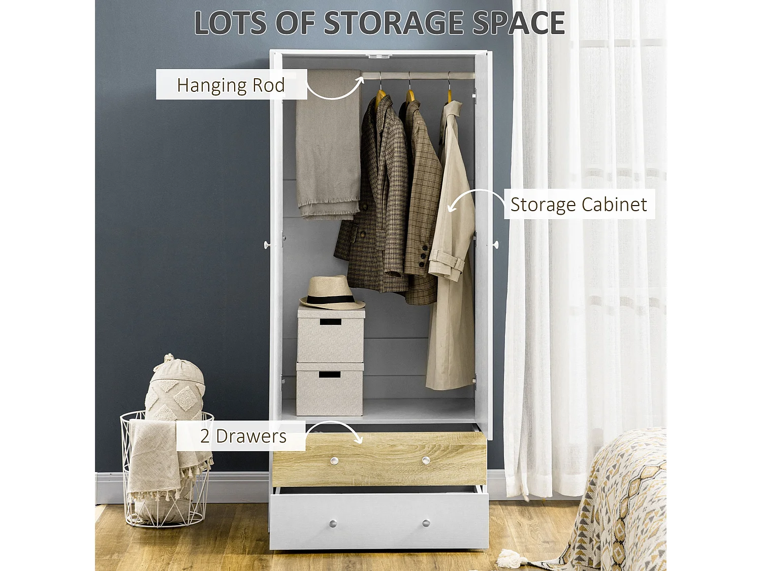 Coralia White and Oak 2 Door Wardrobe with Hanging Rail and 2 Drawers