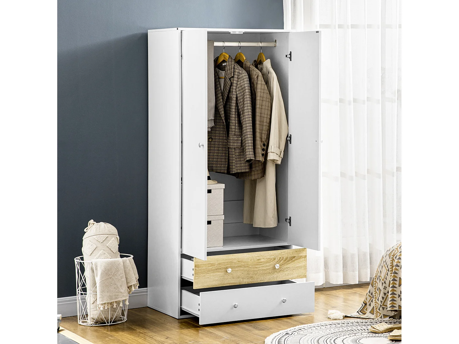 Coralia White and Oak 2 Door Wardrobe with Hanging Rail and 2 Drawers