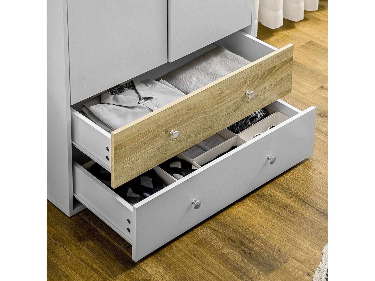 Coralia White and Oak 2 Door Wardrobe with Hanging Rail and 2 Drawers