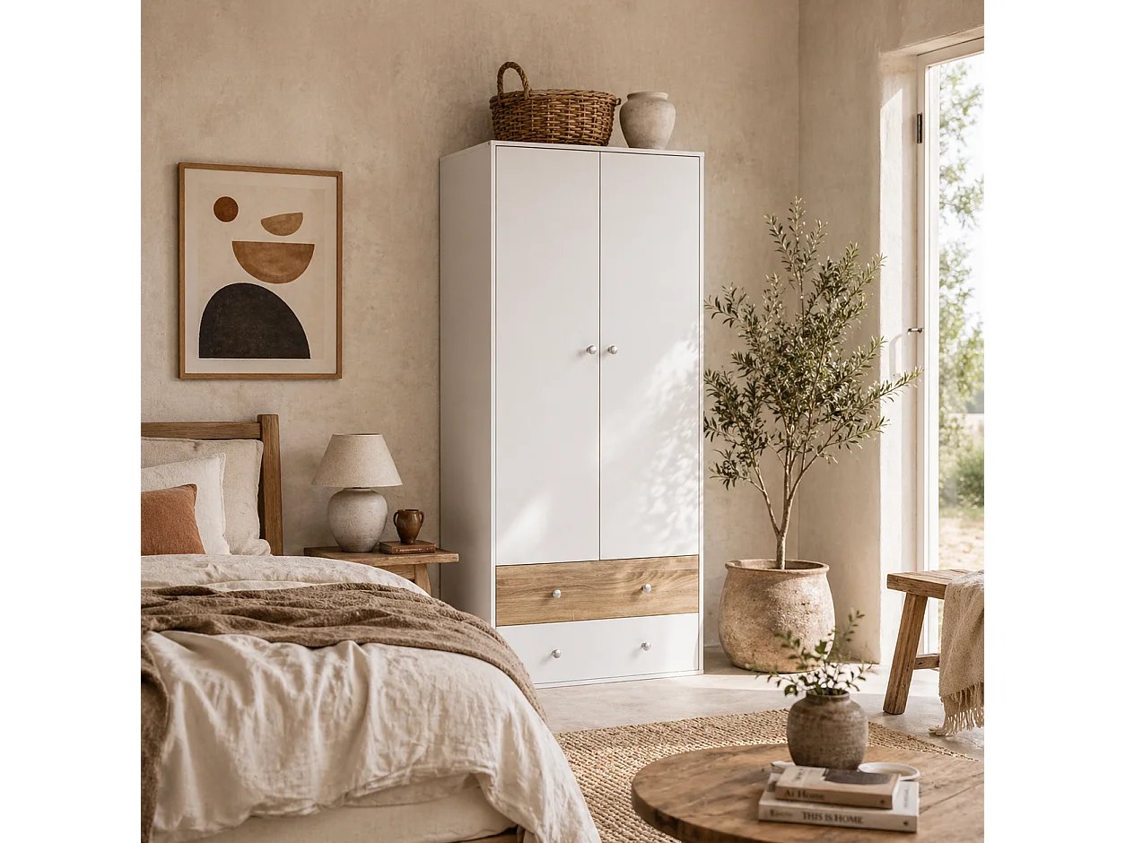 Coralia White and Oak 2 Door Wardrobe with Hanging Rail and 2 Drawers