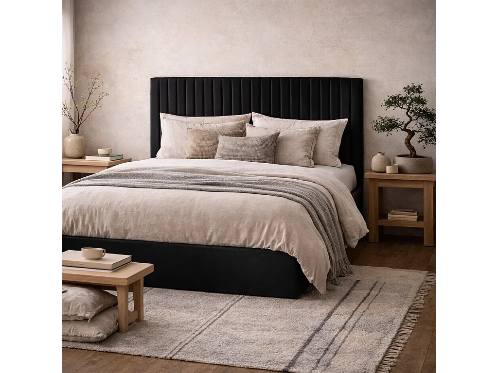 Dublin 6ft Super King Ottoman Bed Black Velvet Tall Ribbed Headboard