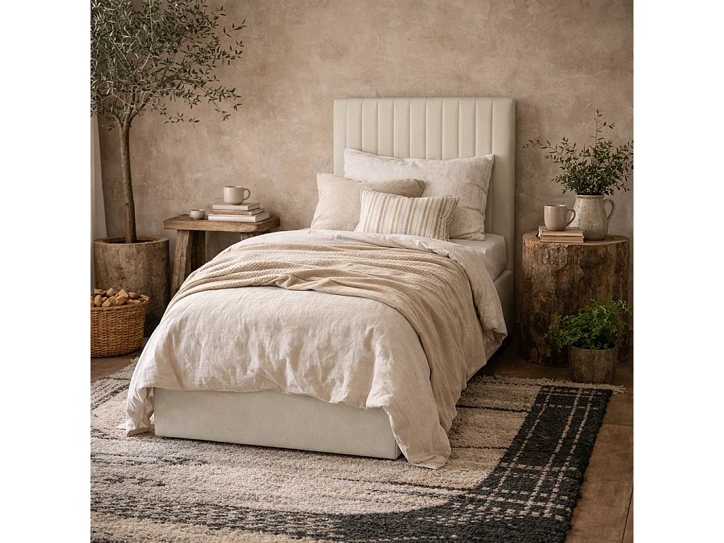 Dublin Cream 3ft Single Ottoman Bed Milk Weave Upholstery Tall Ribbed Headboard