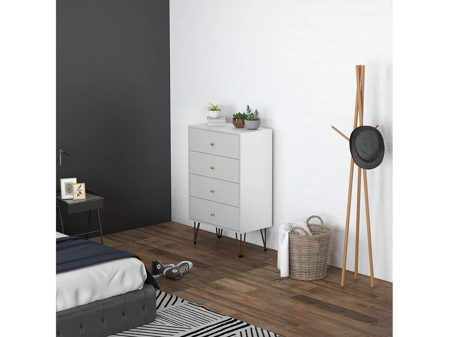 Nebaso White Tall 4 Drawer Chest with Gold Hairpin Legs