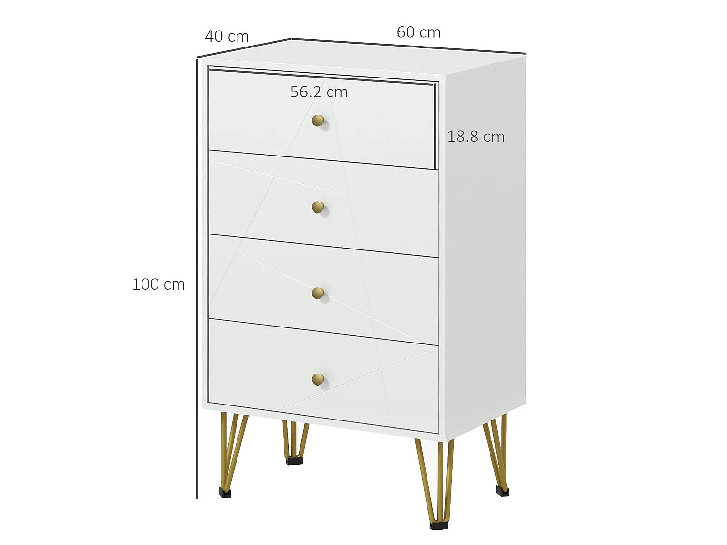 Nebaso White Tall 4 Drawer Chest with Gold Hairpin Legs