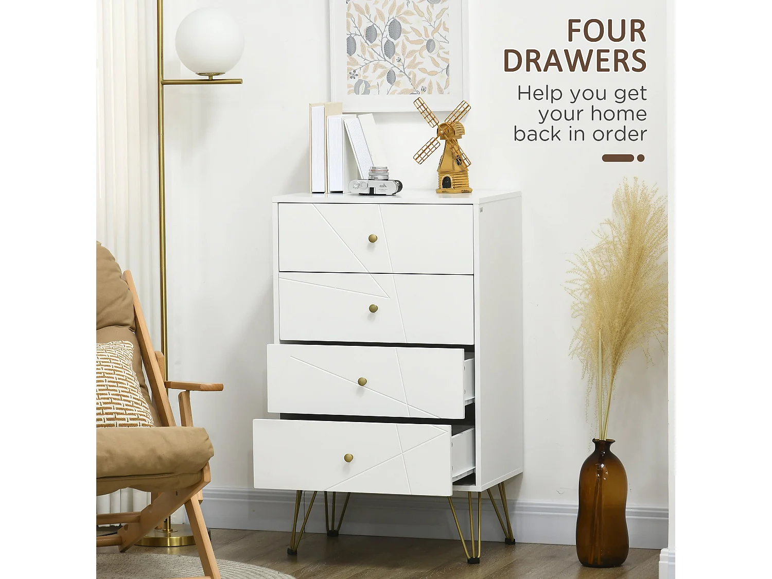 Nebaso White Tall 4 Drawer Chest with Gold Hairpin Legs