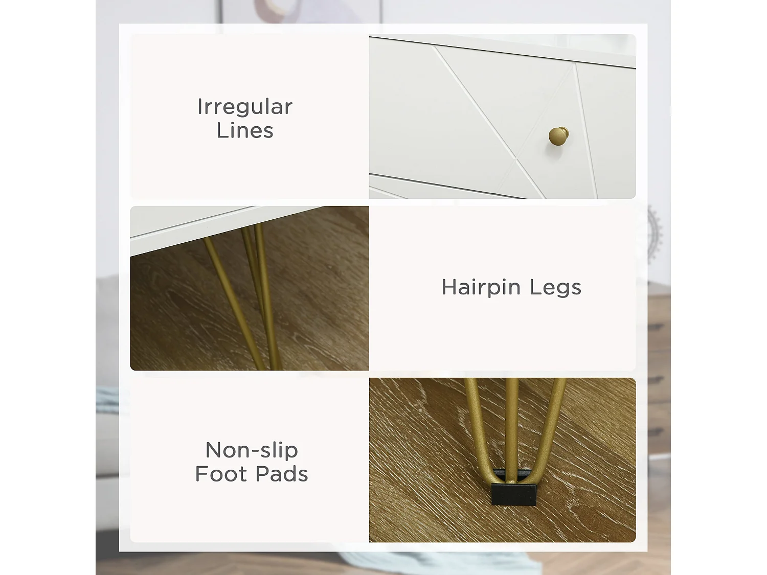 Nebaso White Tall 4 Drawer Chest with Gold Hairpin Legs