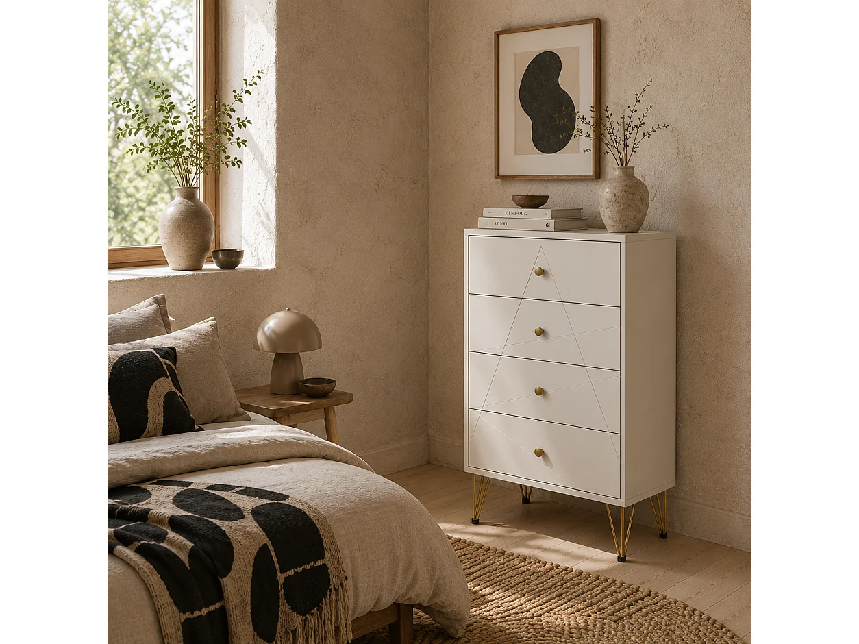 Nebaso White Tall 4 Drawer Chest with Gold Hairpin Legs