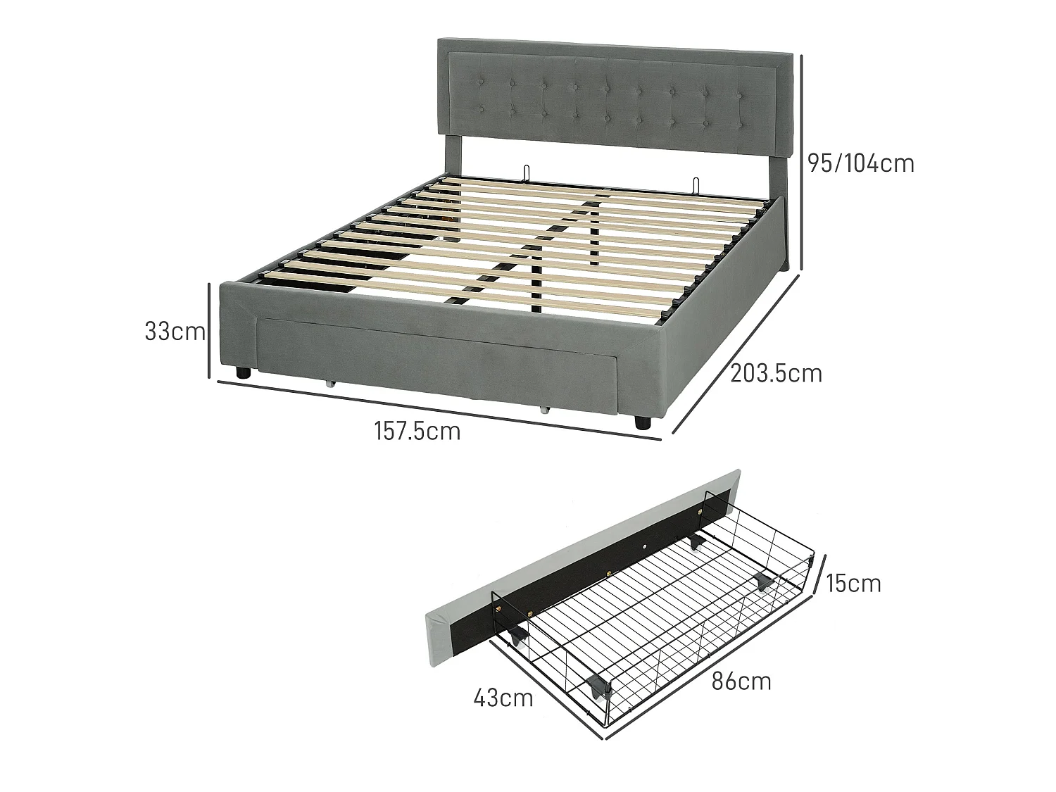 Dineno 5FT Grey King Ottoman Bed Frame Lift Up Storage with Front Drawer