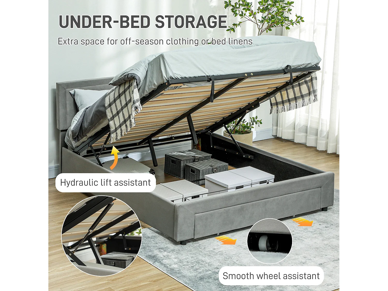 Dineno 5FT Grey King Ottoman Bed Frame Lift Up Storage with Front Drawer