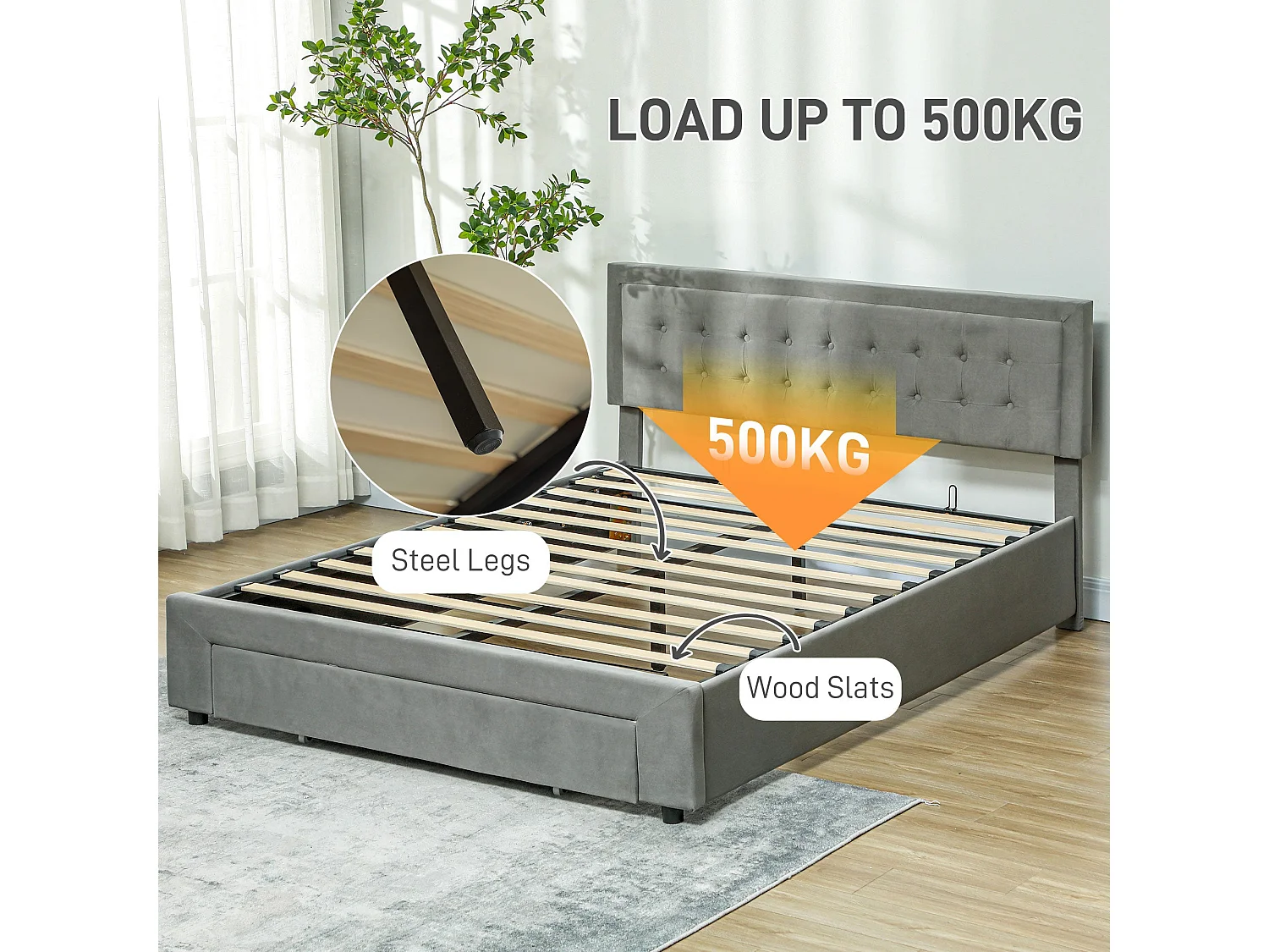 Dineno 5FT Grey King Ottoman Bed Frame Lift Up Storage with Front Drawer