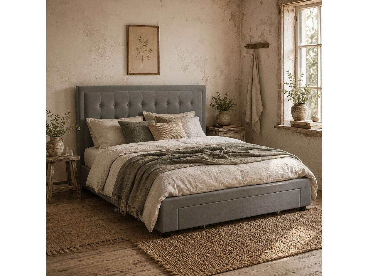 Dineno 5FT Grey King Ottoman Bed Frame Lift Up Storage with Front Drawer