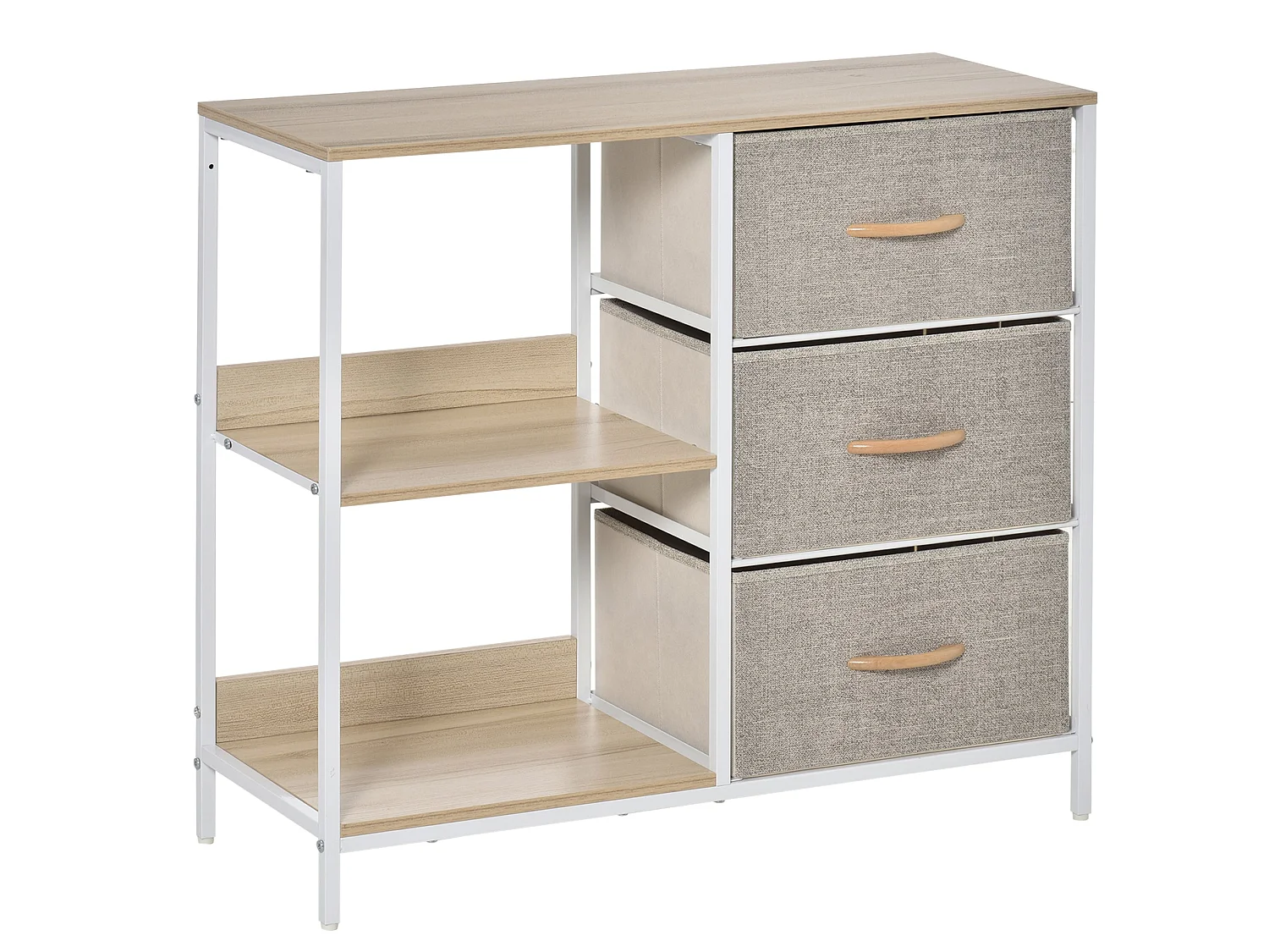 Pasaha White Metal and Natural Wood Storage Chest 3 Grey Fabric Drawers 2 Shelves