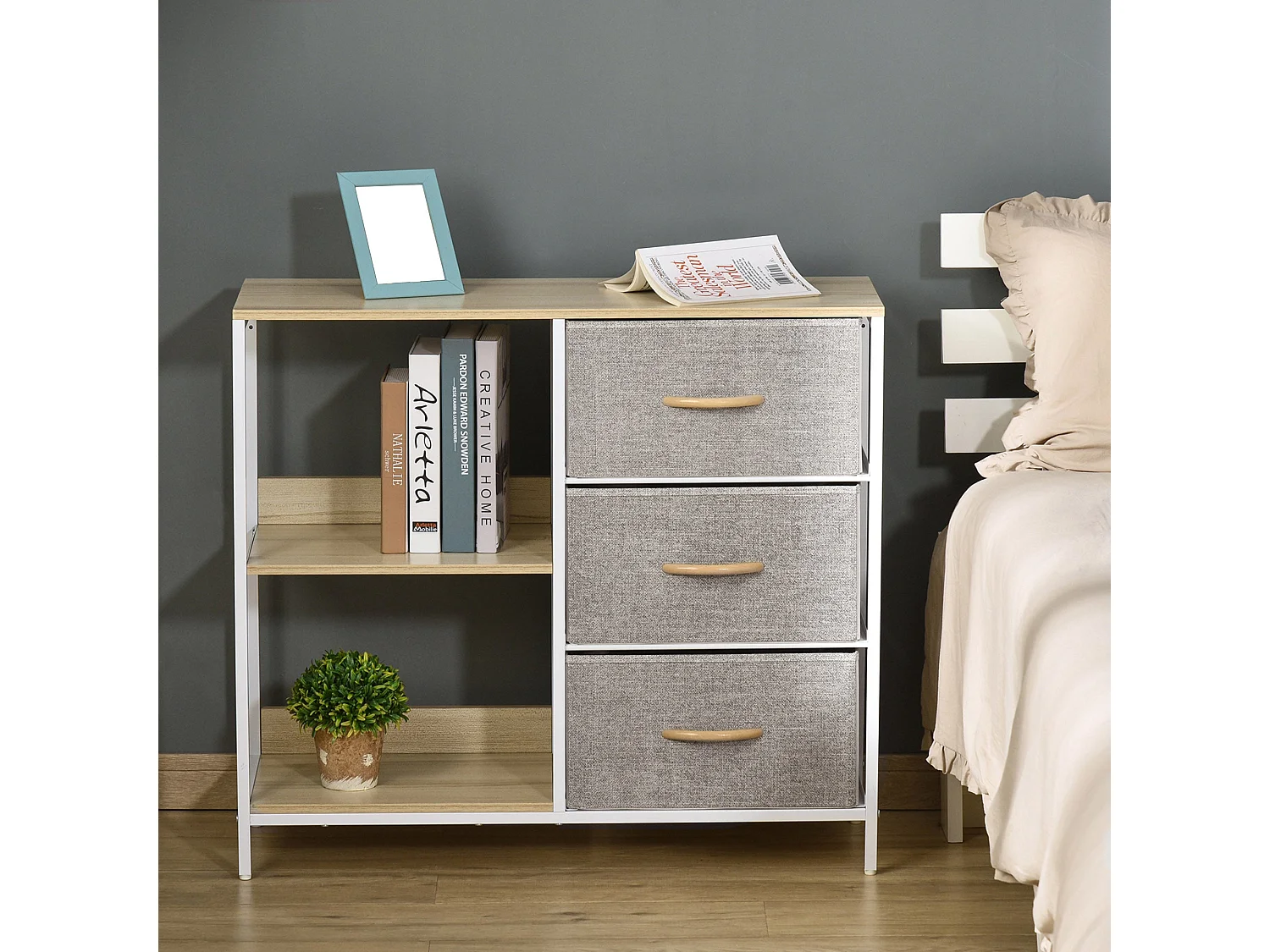 Pasaha White Metal and Natural Wood Storage Chest 3 Grey Fabric Drawers 2 Shelves