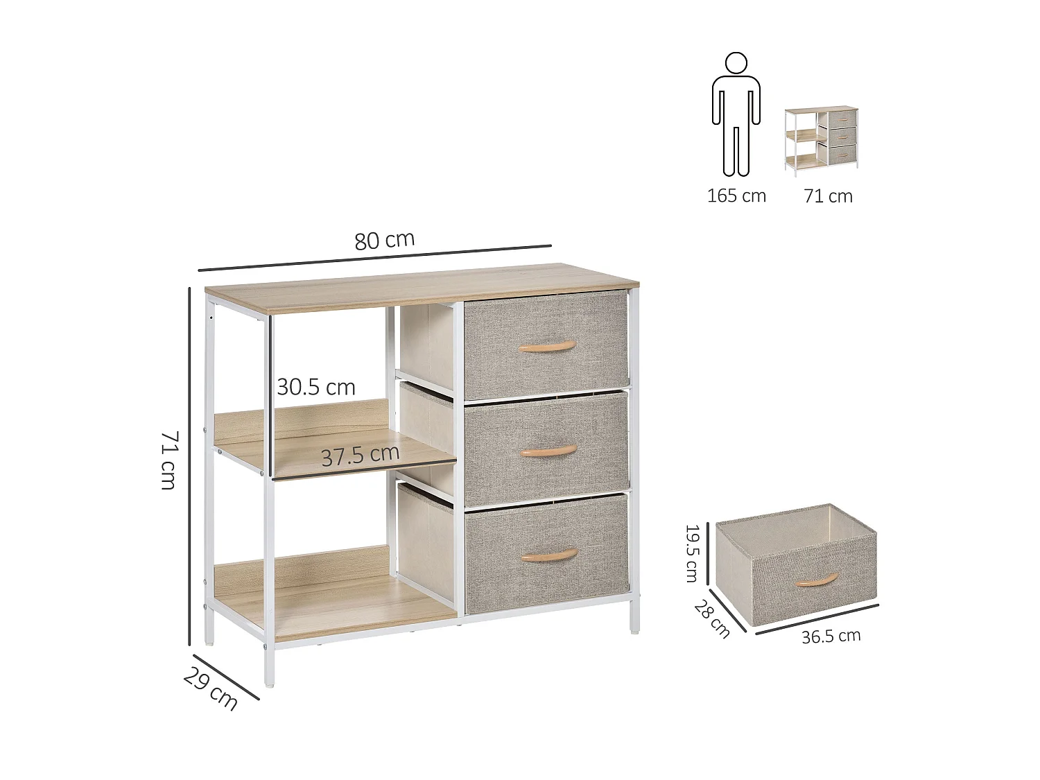 Pasaha White Metal and Natural Wood Storage Chest 3 Grey Fabric Drawers 2 Shelves