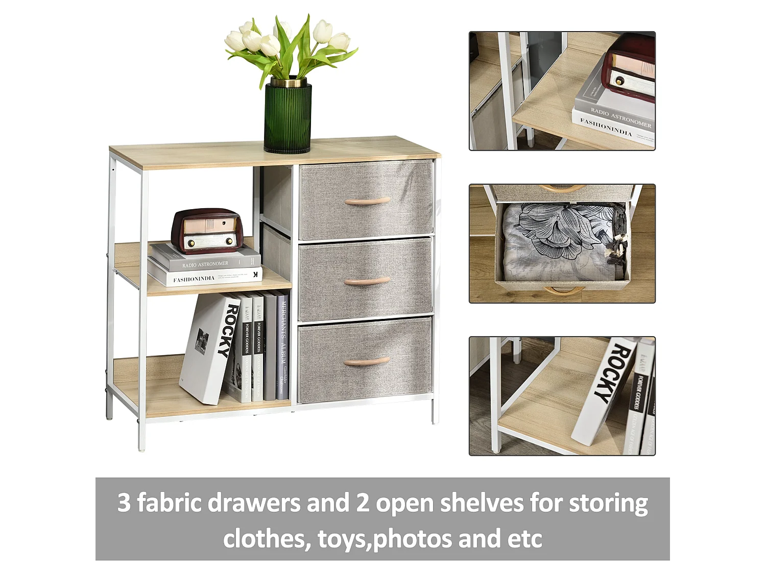 Pasaha White Metal and Natural Wood Storage Chest 3 Grey Fabric Drawers 2 Shelves