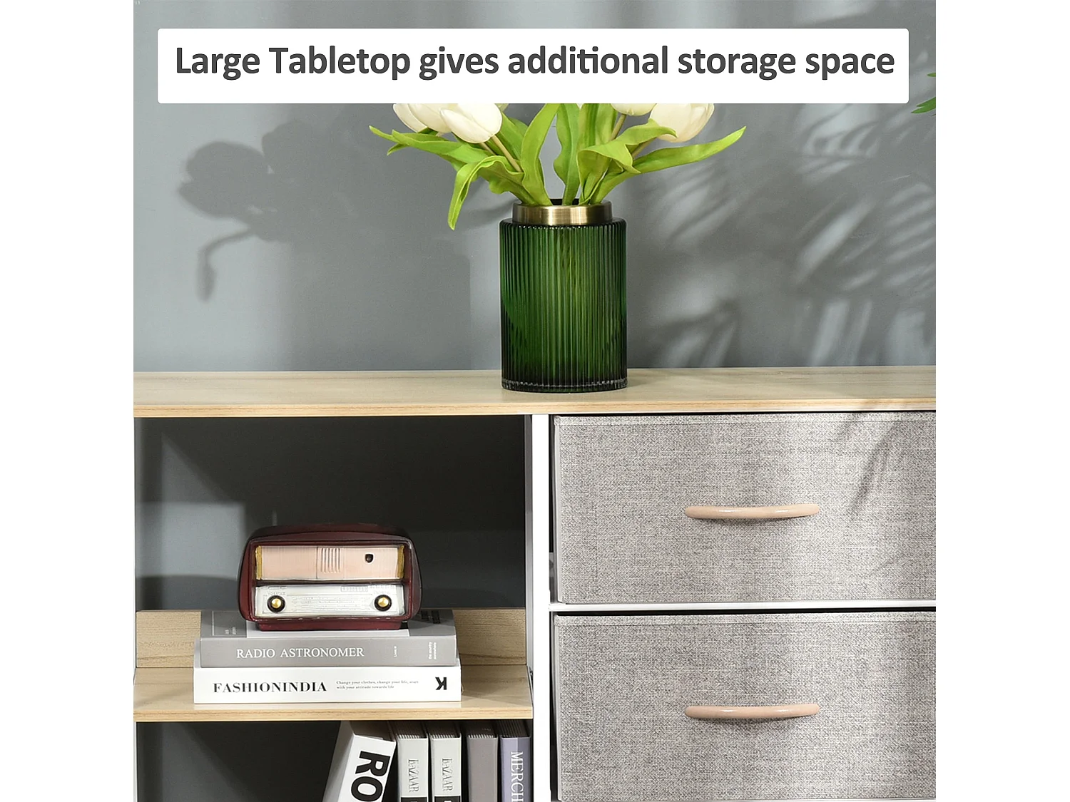 Pasaha White Metal and Natural Wood Storage Chest 3 Grey Fabric Drawers 2 Shelves
