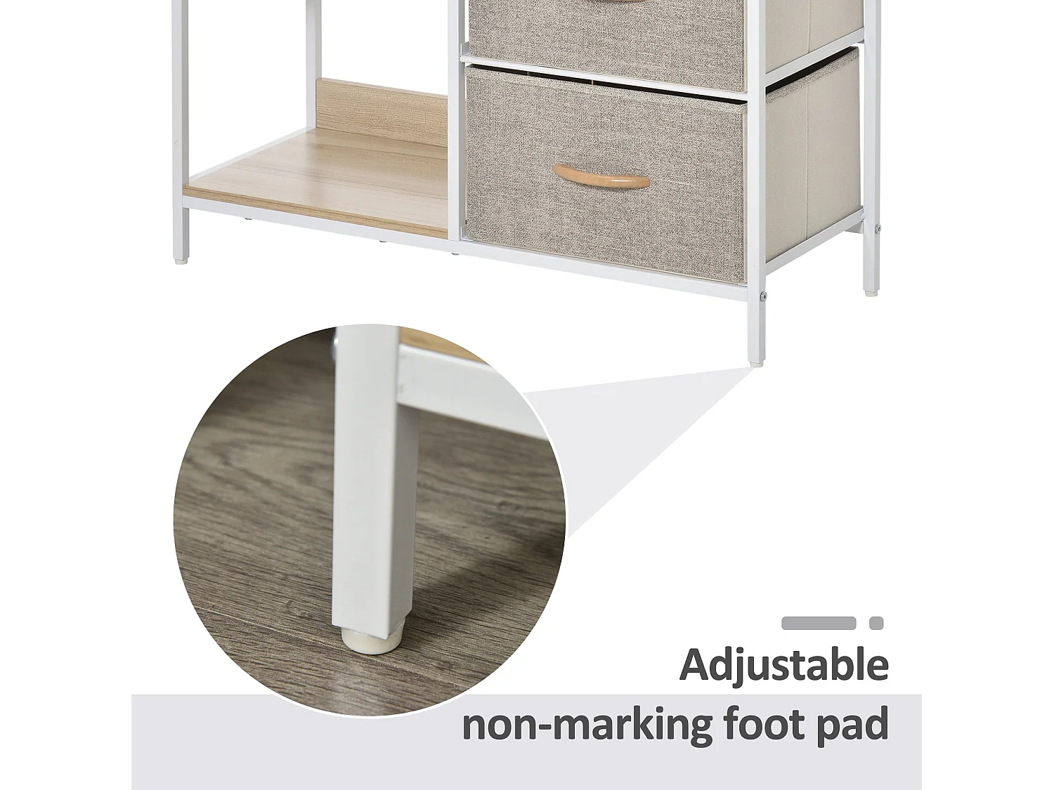 Pasaha White Metal and Natural Wood Storage Chest 3 Grey Fabric Drawers 2 Shelves