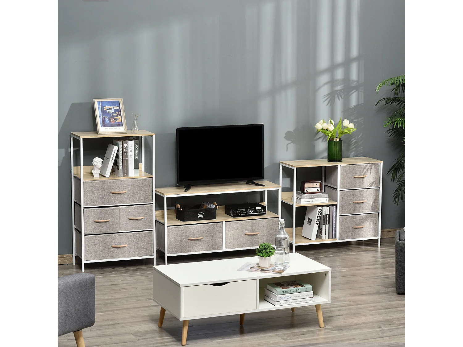 Pasaha White Metal and Natural Wood Storage Chest 3 Grey Fabric Drawers 2 Shelves