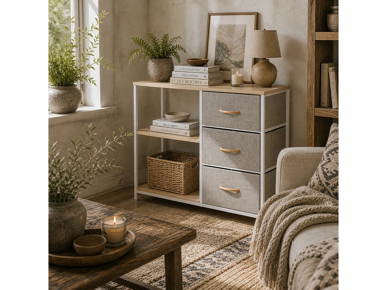 Pasaha White Metal and Natural Wood Storage Chest 3 Grey Fabric Drawers 2 Shelves