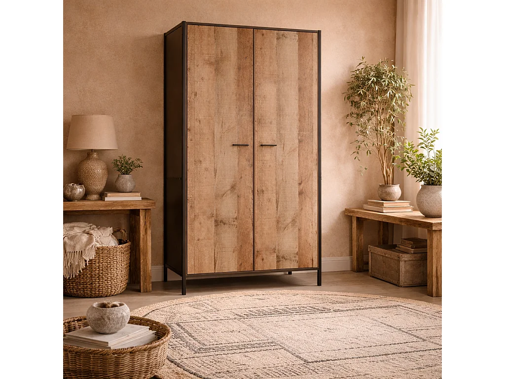 Lucan Distressed Oak Effect 2 Door Wardrobe Industrial Modern Bedroom Storage