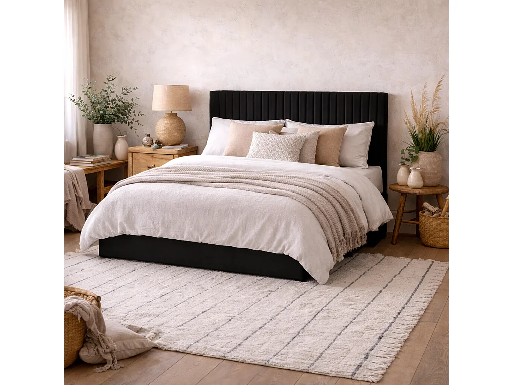 Dublin Black 5ft King Ottoman Bed Tall Ribbed Headboard Velvet Upholstery