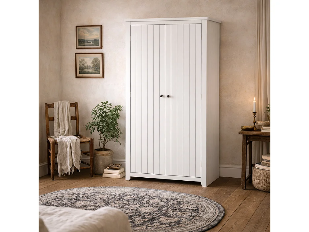 Tralee Panelled White Washed Pine 2 Door Wardrobe