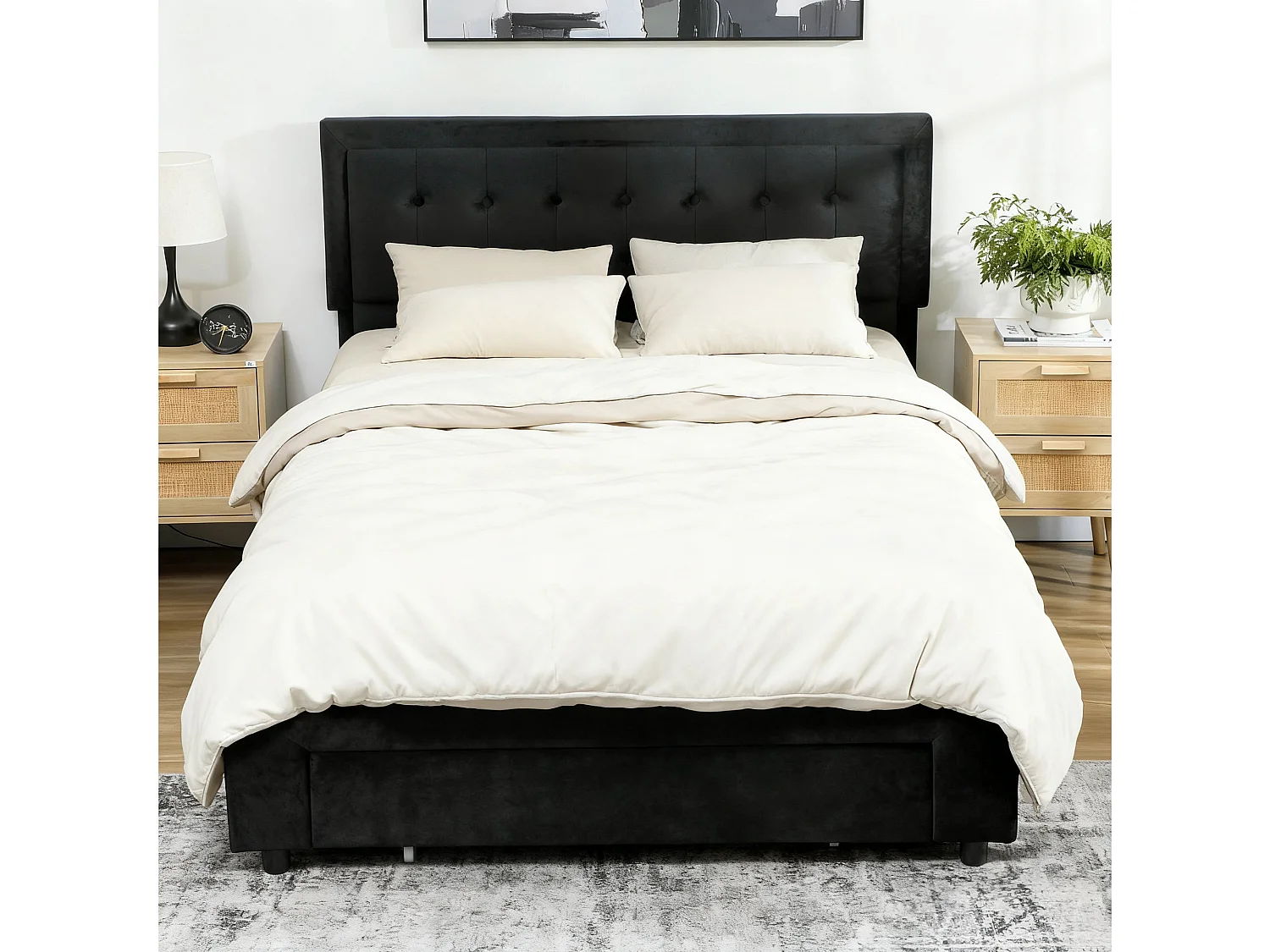 Banado King Size Ottoman Bed Frame with Gas Lift Storage and Front Divan Drawer Black Velvet Feel
