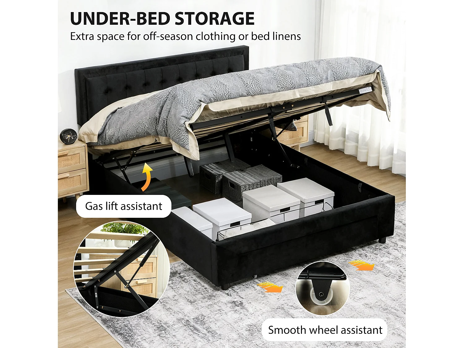 Banado King Size Ottoman Bed Frame with Gas Lift Storage and Front Divan Drawer Black Velvet Feel