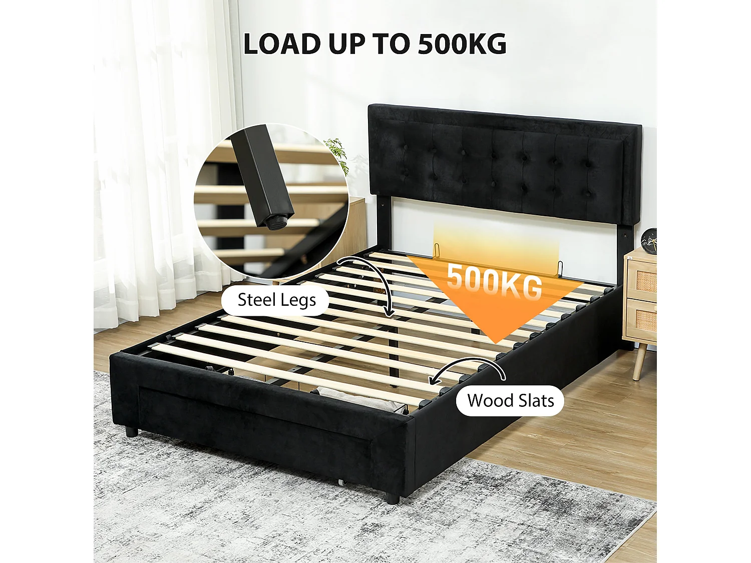 Banado King Size Ottoman Bed Frame with Gas Lift Storage and Front Divan Drawer Black Velvet Feel