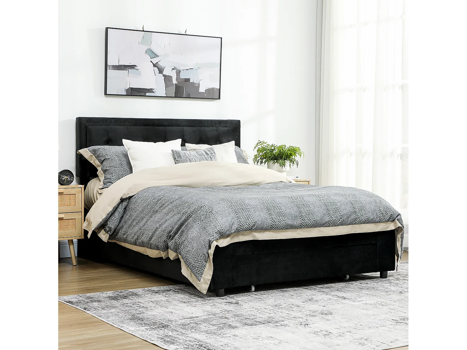 Banado King Size Ottoman Bed Frame with Gas Lift Storage and Front Divan Drawer Black Velvet Feel