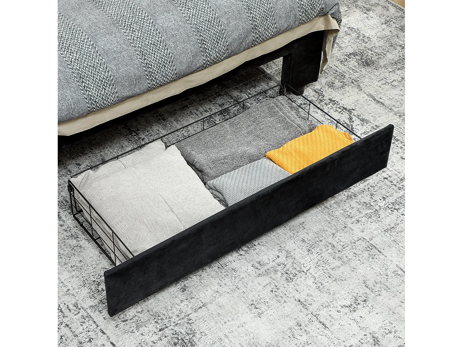 Banado King Size Ottoman Bed Frame with Gas Lift Storage and Front Divan Drawer Black Velvet Feel