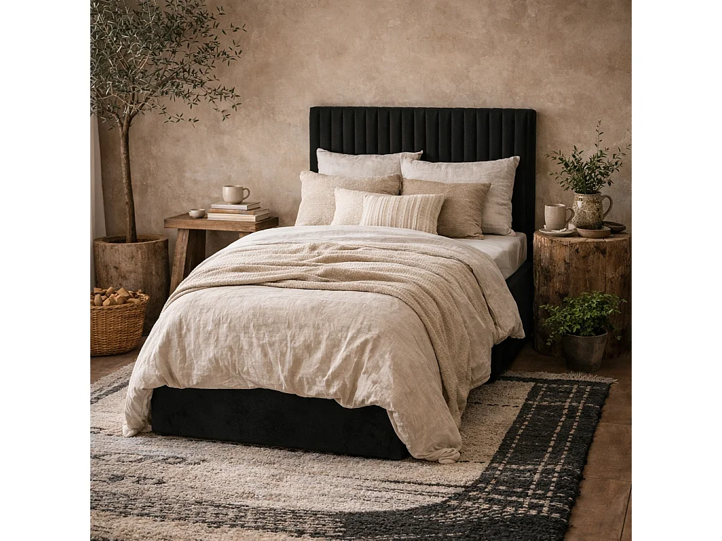 Dublin Black Velvet Ottoman 3ft Single Bed with Tall Ribbed Headboard