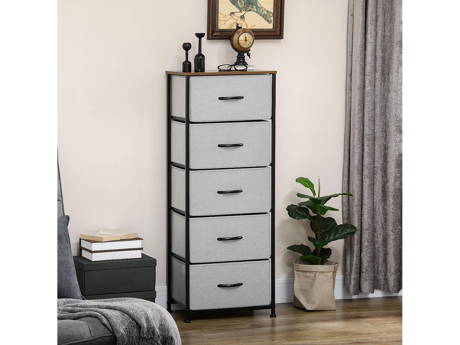 Famoggi 5 Drawer Grey Fabric Chest with Steel Frame and Wood Effect Top