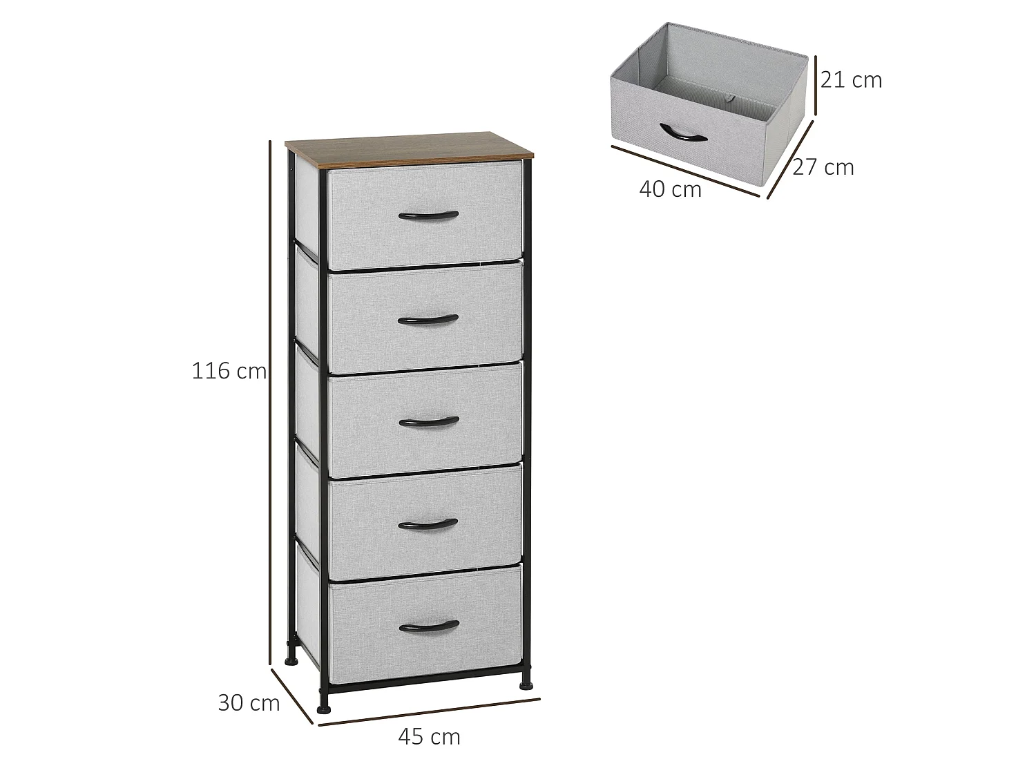 Famoggi 5 Drawer Grey Fabric Chest with Steel Frame and Wood Effect Top
