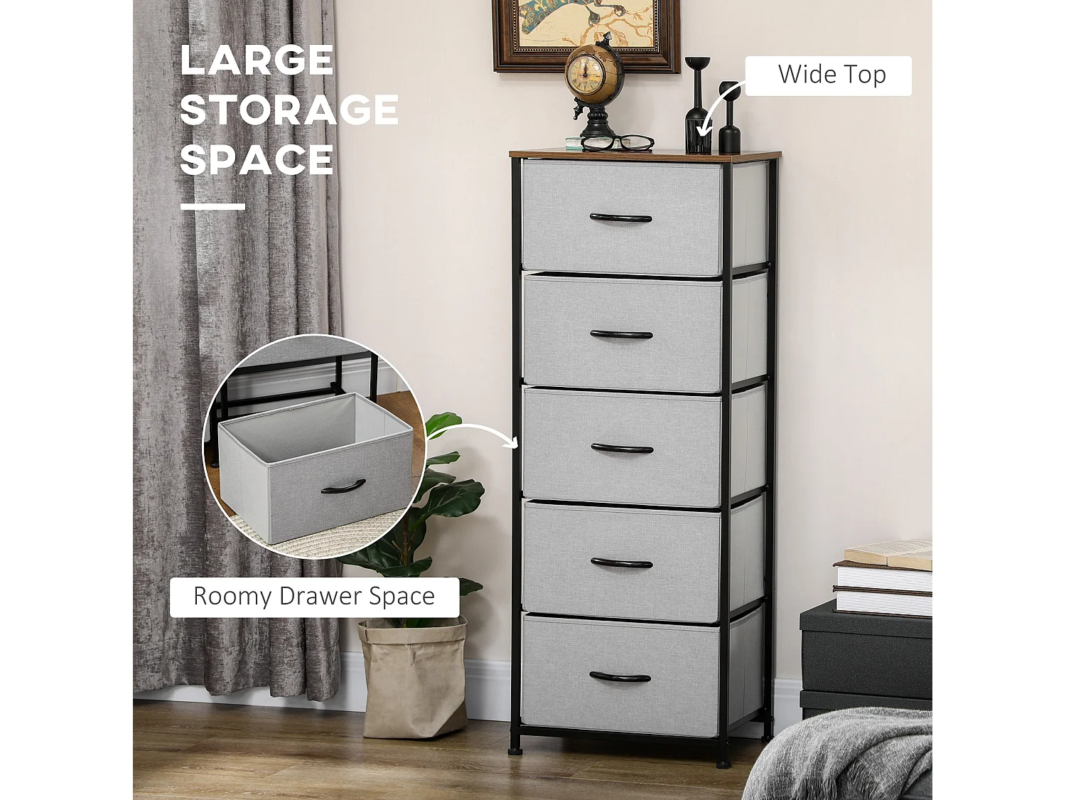 Famoggi 5 Drawer Grey Fabric Chest with Steel Frame and Wood Effect Top
