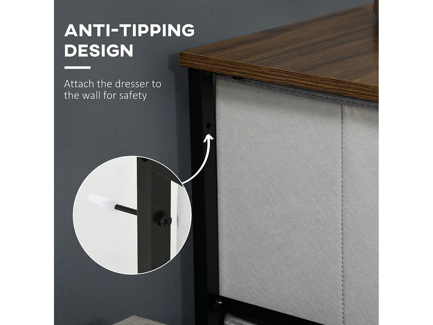 Famoggi 5 Drawer Grey Fabric Chest with Steel Frame and Wood Effect Top