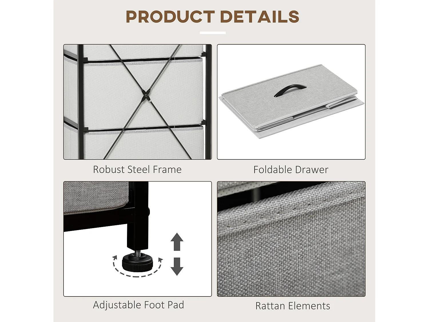 Famoggi 5 Drawer Grey Fabric Chest with Steel Frame and Wood Effect Top