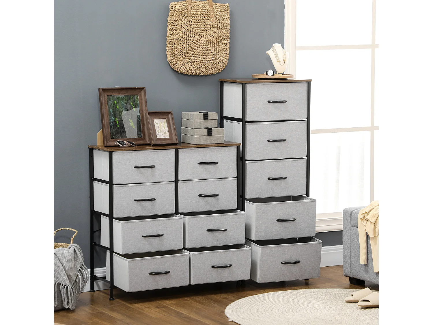 Famoggi 5 Drawer Grey Fabric Chest with Steel Frame and Wood Effect Top
