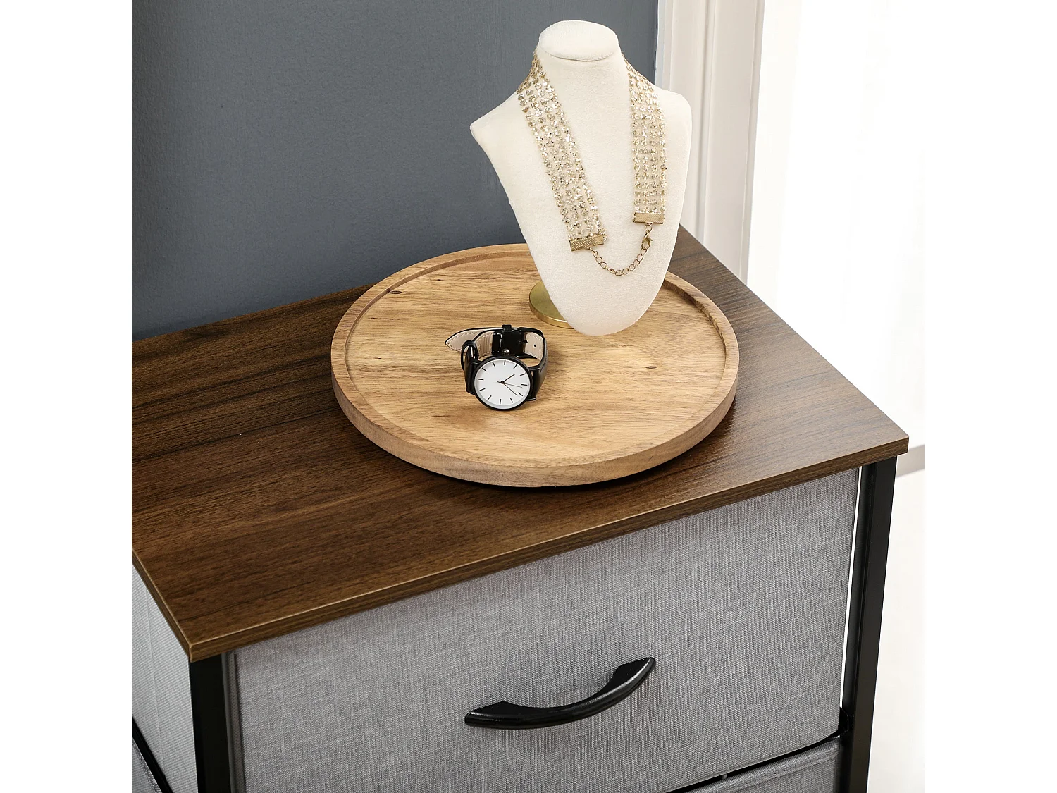 Famoggi 5 Drawer Grey Fabric Chest with Steel Frame and Wood Effect Top