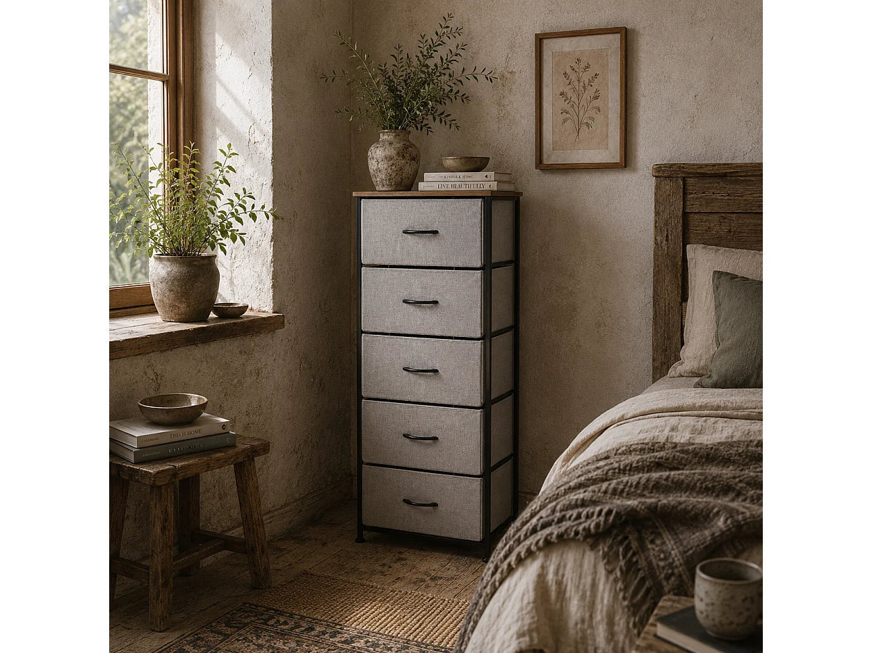 Famoggi 5 Drawer Grey Fabric Chest with Steel Frame and Wood Effect Top